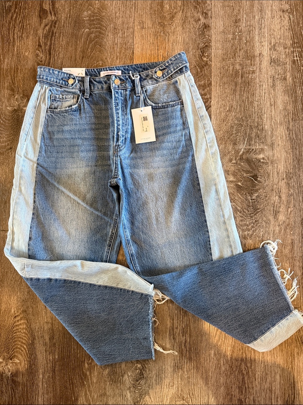 Flying Monkey Two-Tone Blue Straight-Leg High Rise Jeans